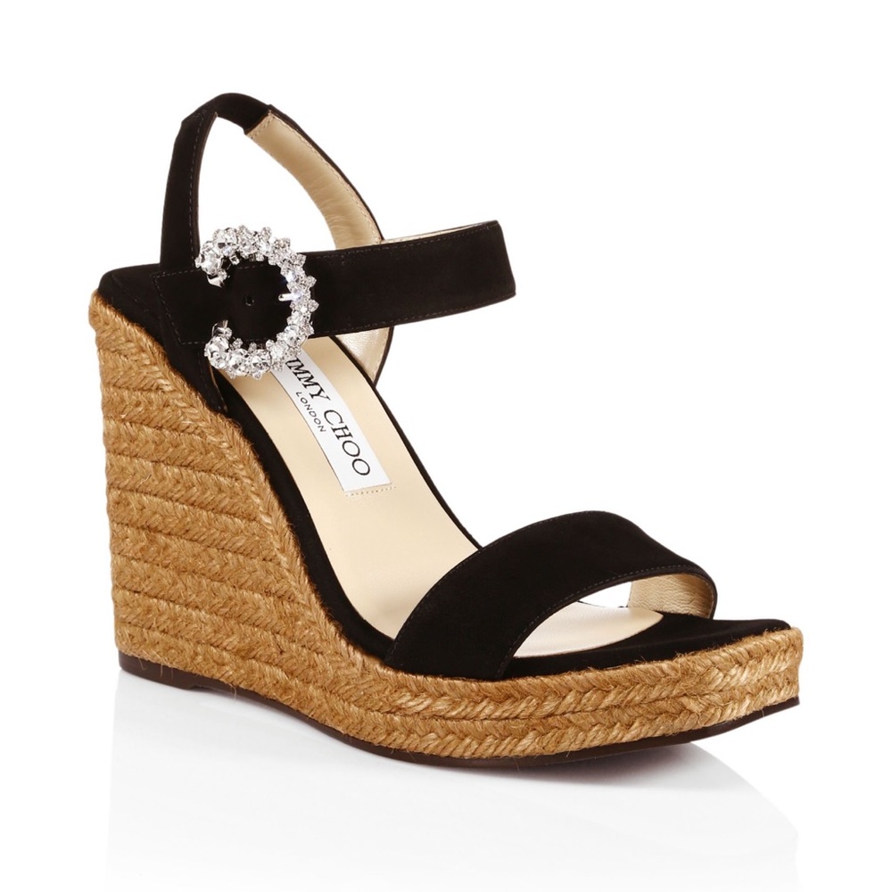 Jimmy Choo Mirabelle Crystal-Embellished Suede Espadrille Wedge Sandals Size 38